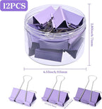 Temiary Aesthetic Binder Clips, 12 Pcs 2 Inches Small Metal Binder Clip with Clear Storage Container, Binding Paperwork Clamps for School Teachers Office Supplies (Purple)