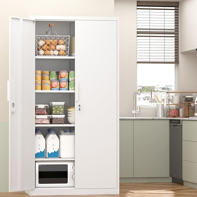 Metal Garage Storage Cabinet,72" Locking Tool Cabinet with Doors and 4 Shelves,Tall Metal Cabinets with Garage Storage Systems for Home Office,School,White