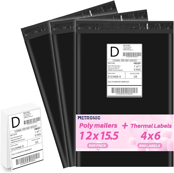 Metronic Poly mailers 12x15.5'' 500pcs with 4x6 Thermal Labels 500 Labels Bulk, Strong Adhensive Shipping Bags for Clothing,Waterproof Shipping Envelopes Mailing Bags for Small Business,Black