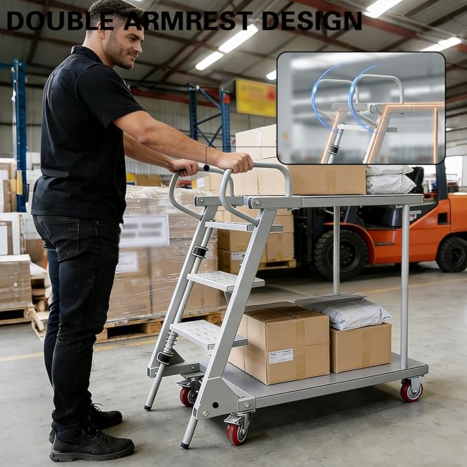 Heavy Duty Platform Truck Cart, Multi-Purpose Utility Dolly w/Handrails, Flatbed Cart with Support Bars 660Lbs Capacity, Extra Large Utility Cart w/Wheels, for Climbing for Grocery (White, 660lbs)