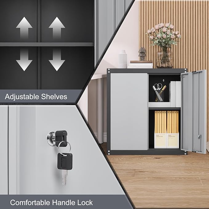GREATMEET 28" H Lockable Metal Garage Storage Cabinets, Metal Cabinet Storage, Garage Wall Cabinet with Doors and Shelves, Hanging Floating, Grey&Black