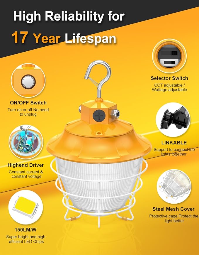 LED Temporary Work Light 80W 64W 48W Tunable 4500K 5000K 5700K Tunable 12000LM Portable Hanging Linkable Construction Light ETL DLC Listed with ON/Off Button for Job Site, Workshop