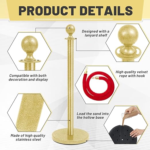 Ferraycle 4 Pcs Stainless Steel Stanchions Post Queue 38 Inch, 5 ft Velvet Carpet Ropes and Pole, Control Barriers for Wedding Birthday Party Decoration Sand Injection Hollow Base Set (Glitter Gold)