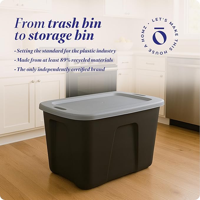 HOMZ Durable Molded Bin, Plastic Storage Container with Lid, 18 Gallon, Black/Gray - Stackable Organizer Totes and Boxes for Bedroom, Kitchen, and Garage Organization