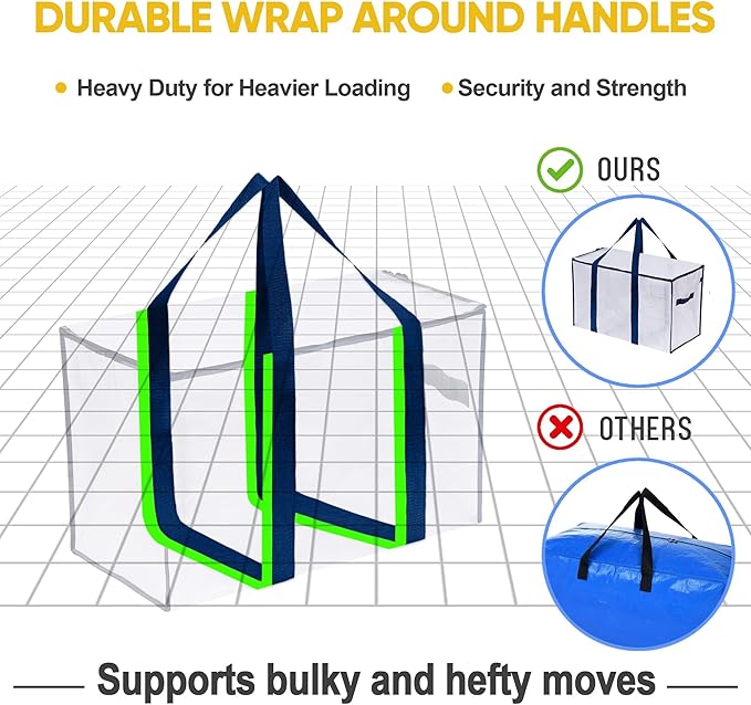 VENO 8 Pack Moving Bags and Large Christmas Storage Bins with lids. Alternative to Moving Boxes, Packing Supplies for College. Extra Large Heavy Duty Totes for Packaging (Clear, 8 Pack)