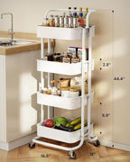 Pipishell 4 Tier Mesh Utility Cart, Rolling Metal Organization Cart with Handle and Lockable Wheels, Multifunctional Storage Shelves for Kitchen Living Room Office White, PIUC12W