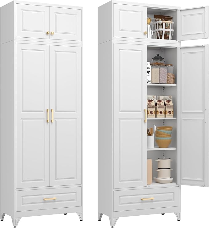 Kitchen Pantry Cabinet, Metal Storage Cabinet with One Drawer, 90" Tall Pantry cabinets with Doors and Shelves, for Living Room, Dining, White,16" D x 32" W x 90" H, Assembly Required