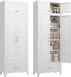 Kitchen Pantry Cabinet, Metal Storage Cabinet with One Drawer, 90" Tall Pantry cabinets with Doors and Shelves, for Living Room, Dining, White,16" D x 32" W x 90" H, Assembly Required