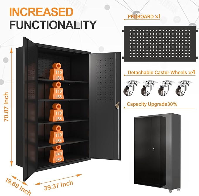 Upgraded Wide Metal Storage Cabinet - 72 Inch Black Lockable Garage Cabinet with Wheels & 4 Adjustable Shelves | Heavy-Duty Steel Cabinet for Garage, Office, Pantry, Gym