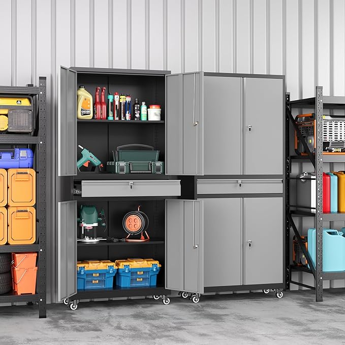 73" Metal Garage Storage Cabinet with Wheels， Rolling Tool Storage with Locking Doors， Adjustable Shelves and Drawer, Heavy Duty Steel Tool Cabinet for Garage, Warehouse, School(Black Grey)