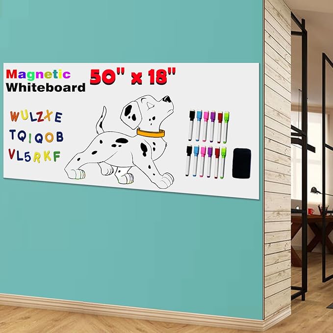 Magnetic Dry Erase Whiteboard Paper for Wall 50" x 18" Self Adhesive White Board Sticker with 12 Magnet Marker and Magnetic Eraser for Office Home Whiteboard Wallpaper Peel and Stick