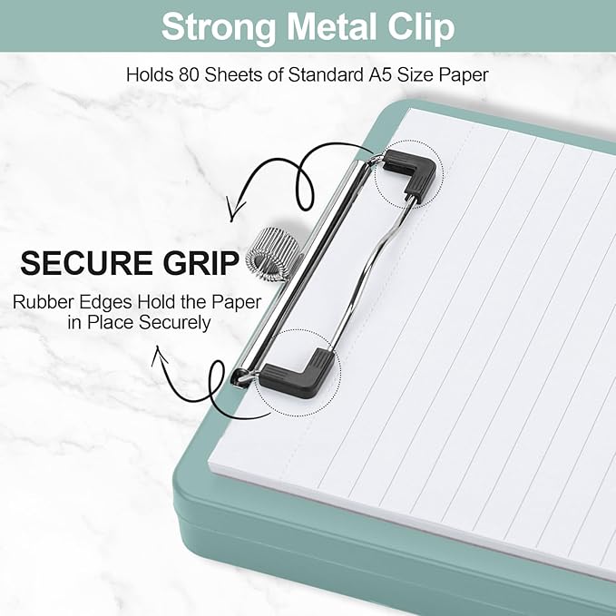 Small Clipboard with Storage, A5 Clipboards with Pen Holder, Half Letter Clip Boards 6x9 Mini Plastic Clipboard with Low Profile Clip for Classroom, School, Office Supplies (Grey Green)