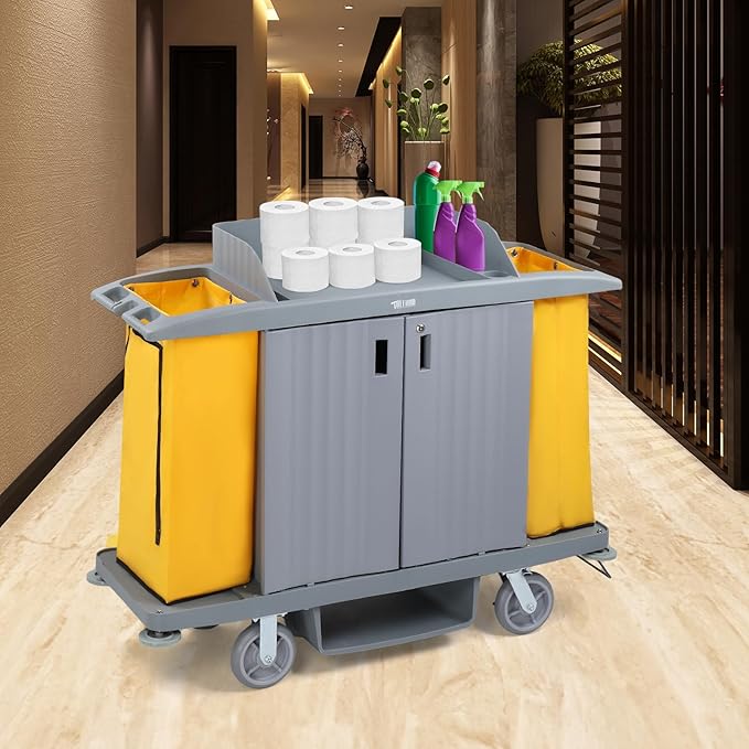 TUFFIOM Industrial Multifunctional Locking Hotel Cart, Commercial Traditional Cleaning Janitorial Room Service Housekeeping Cart, 51" H x 59" W x 20" D