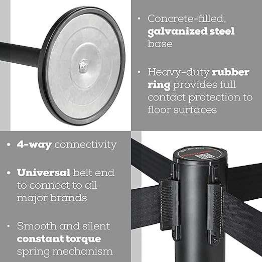 Qbuster Black Stanchions with Retractable Belts, Crowd Control Safety Barrier with 11’ Red Belts, 1 Sign Holder, Set of 6 Posts