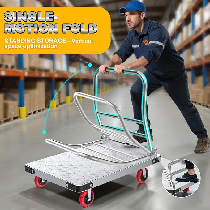 Heavy Duty Foldable Platform Truck - 2700LB Capacity Steel Push Cart, 40"x24" Oversized Flatbed with 5" Swivel & Fixed Wheels, Industrial Hand Truck for Warehouse Moving