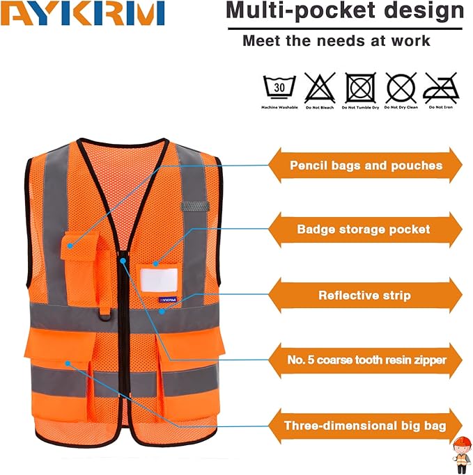 A-SAFETY High Visibility Mesh Safety Reflective Vest with Pockets and Zipper,Hi Vis Viz Reflective Safety Vest(Orange Mesh XXL)