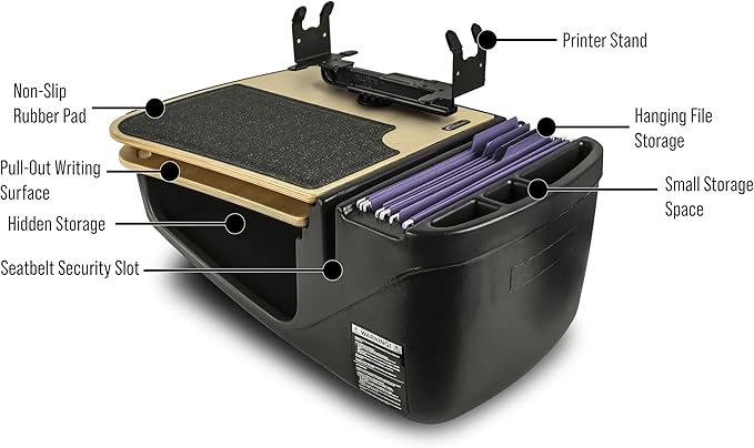 AutoExec GripMaster Car Desk for Your Vehicle Workstation and Mobile Office, Natural with Printer Stand