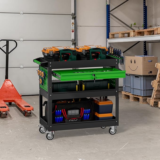 3 Tier Rolling Tool Cart on Wheels, Heavy Duty Industrial Utility Cart Service Cart with Drawer and Screwdriver Rack Pegboard, 550 LBS Mobile Tool Storage Organizer for Workshop, Garage(Green-Black)