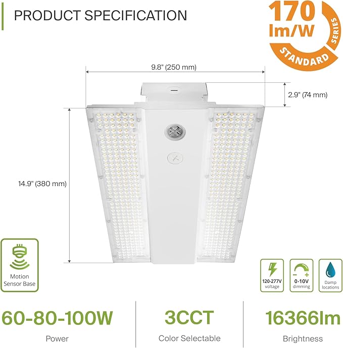 ASD LED Linear High Bay Light Fixture, Commercial Shop Lighting | 3CCT, Dimmable, Power Adjustable, DLC Premium, UL Listed | 100W 16000LM 3500-5000K 100-277V | Warehouse, Garage, Workshop Lamp | White
