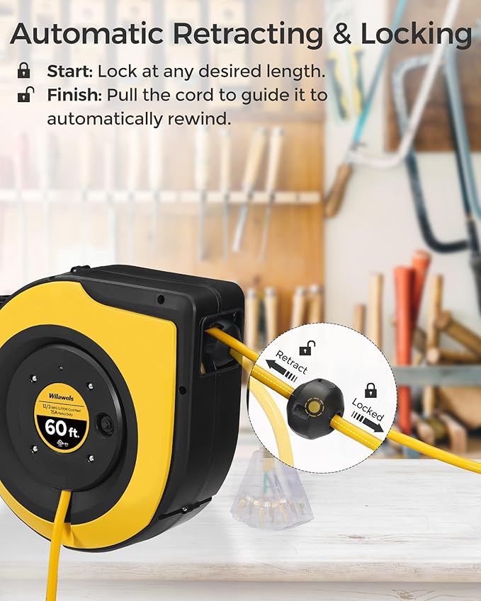 Retractable Cord Reel, 60 FT Heavy Duty Extension Cord, 12AWG/3C SJTOW, 3 Grounded Outlets Lighted Triple Tap, 15A Circuit Breaker, Wall/Ceiling Mounted, UL Listed, Yellow Y60CR06