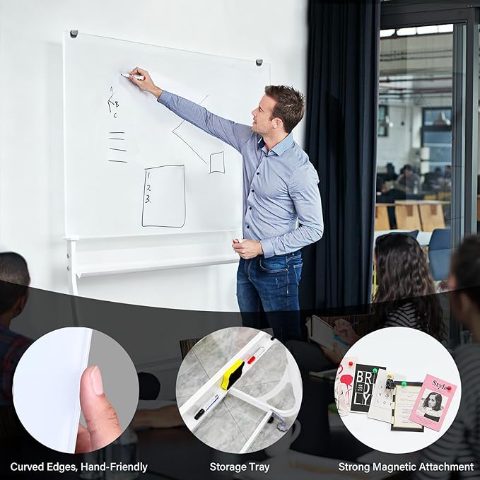 Rolling Magnetic Glass Whiteboard Standing - Large Portable Wheels Dry Erase White Board Stand with Strong Magnets, Ideal for Office, Home and Classroom(40'' X 60'')