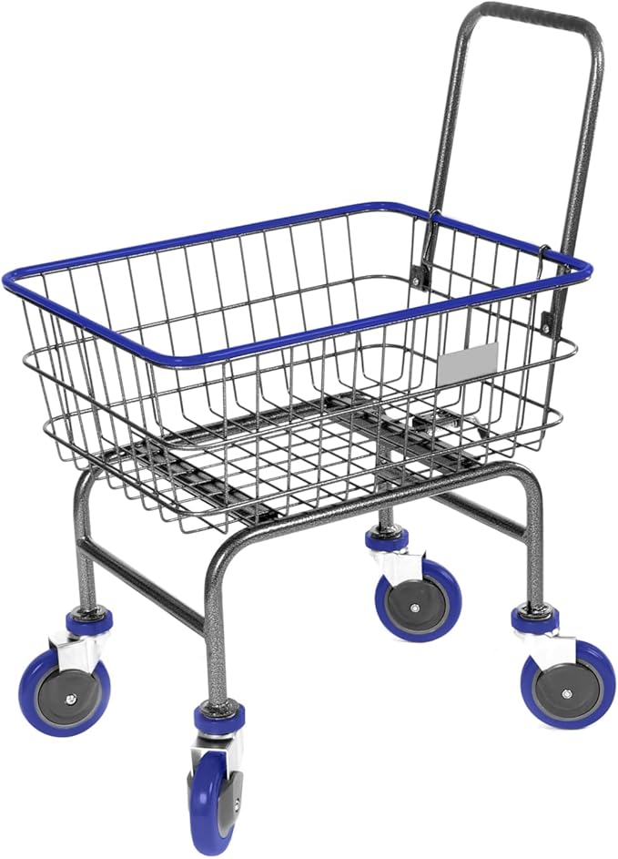 Rolling Laundry Cart with Wheels, Metal Wire Basket, Heavy Duty Utility Cart (Blue)