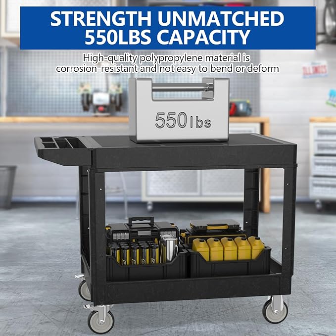 550LBS Utility Cart, Flat top 46x25 Inch Utility Cart with Wheels,Heavy Duty Service Cart-Lipped Shelves,Ergonomic Storage Handle and Swivel Wheels for Warehouse, Garage, Cleaning,Black