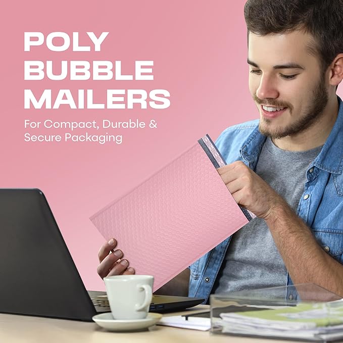 Light Pink Large Poly Bubble Mailers 9.5x14.5 inch #4 | Self Seal Padded Envelopes Cushioned Bubble Mailer | Usable Size 9.5x13.5 | WaterProof | Lightweight mailing Shipping Bags | 100 Pack Bulk