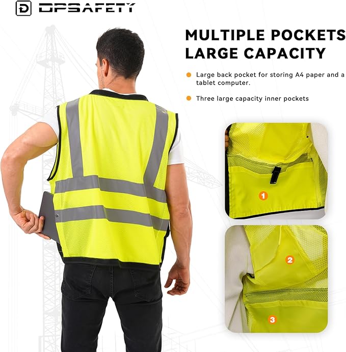 Reflective Safety Vest With Back Plan Pocket, High Visibility Class 2 Heavy Duty Surveyor, ANSI/ISEA Standard Construction Work for Men & Women (Lime-Button, XL)