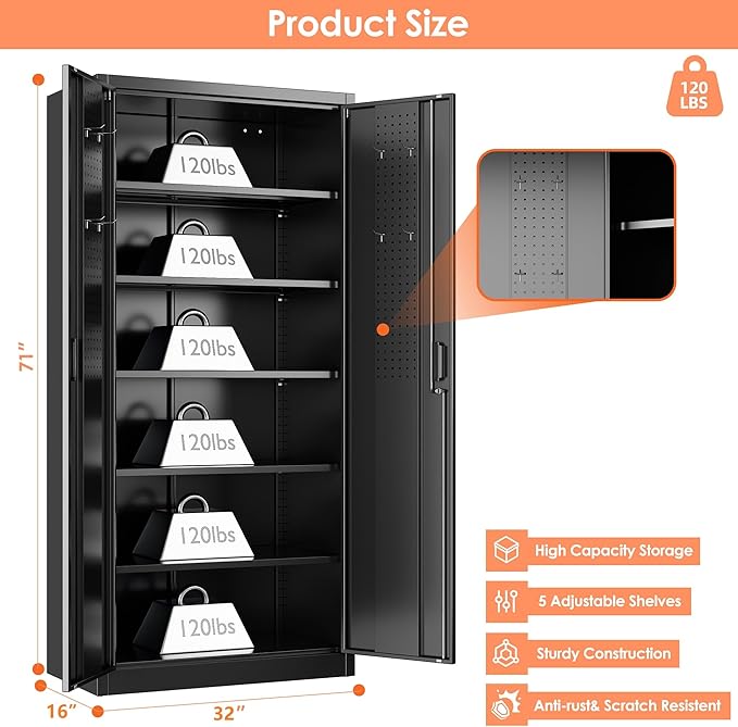 Metal Storage Cabinet with 5 Adjustable Shelves and Pegboard, 71" H×32" W×16" D Garage Storage Cabinet with Lockable Doors for Garage,Office,Home,Gym,School, Lockable File Cabinet, Black