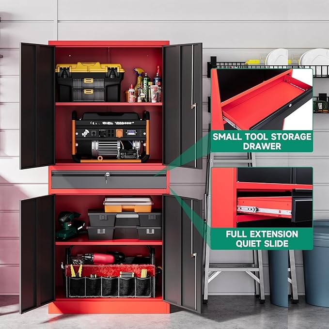 Letaya Metal Garage Storage Cabinet with Drawer,4 Door Tool Cabinet with Adjustable Shelves for Garage Home Office Utility Room (Red)
