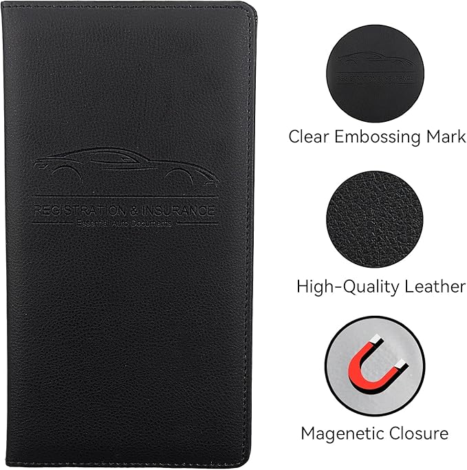 Car Registration and Insurance Holder, Premium Pu Leather Vehicle Glove Box Organizer - for Driver License, Cards & Essential Documents (L-Black)