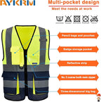 Yellow Navy High Visibility reflective Safety Vest with 4 Reflective Strips 7 Pockets 4xl-5xl