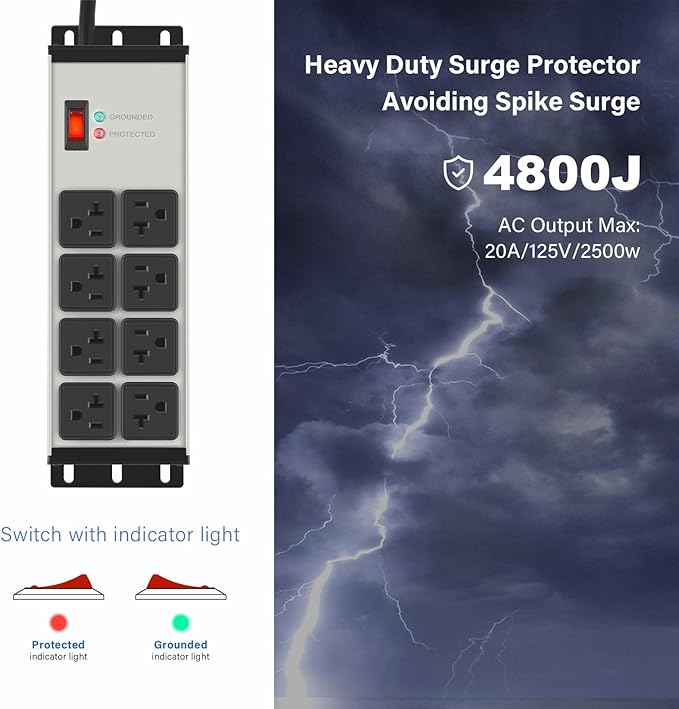 CCCEI 2PCS Heavy Duty Power Strip Surge Protector 20 AMP, 8 Outlets 12 Gauge Industrial Shop Garage Metal Multiple Outlets, 6 FT Extension Cord 5-15P Adapter High Amp 6-20R T-Slot 20a for Appliance