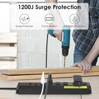 JUNNUJ Heavy Duty Metal Power Strip 20 Amp, High Amp Surge Protector 6 Outlet, 20A Power Strips Workshop Industrial Outlets Wide Spaced 6-20R T-Slot with Circuit Breaker, 12 Gauge Extension Cord 10ft
