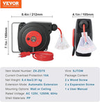 VEVOR Retractable Extension Cord Reel, 30 FT, Heavy Duty 16AWG/3C SJTOW Retractable Power Cord Reel with Lighted Triple Tap Outlet 10 Amp Circuit Breaker 4.5FT Lead-in Cord, for Ceiling or Wall Mount