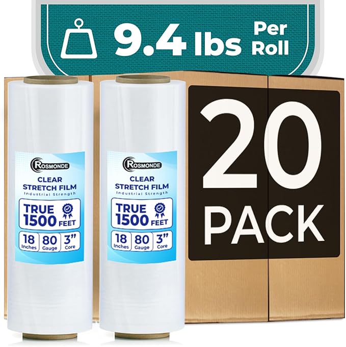 Rosmonde 18" Plastic Wrap for Moving, 20 Pack, 18" x 1500 ft Shrink Wrap, 80 Guage Thick, 9.4 lbs/Roll, Premium Shrink Wrap Roll, Hand Bulk Stretch Wrap, Heavy Duty Stretch Film for Moving & Pallets