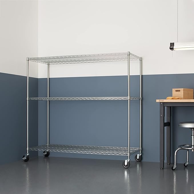 Trinity Basics 3-Tier Adjustable Wire Shelving with Wheels for Kitchen Organization, Garage Storage, Laundry Room, NSF Certified, 600 to 1350 Pound Capacity, 60” by 24” by 54”, EcoStorage Chrome