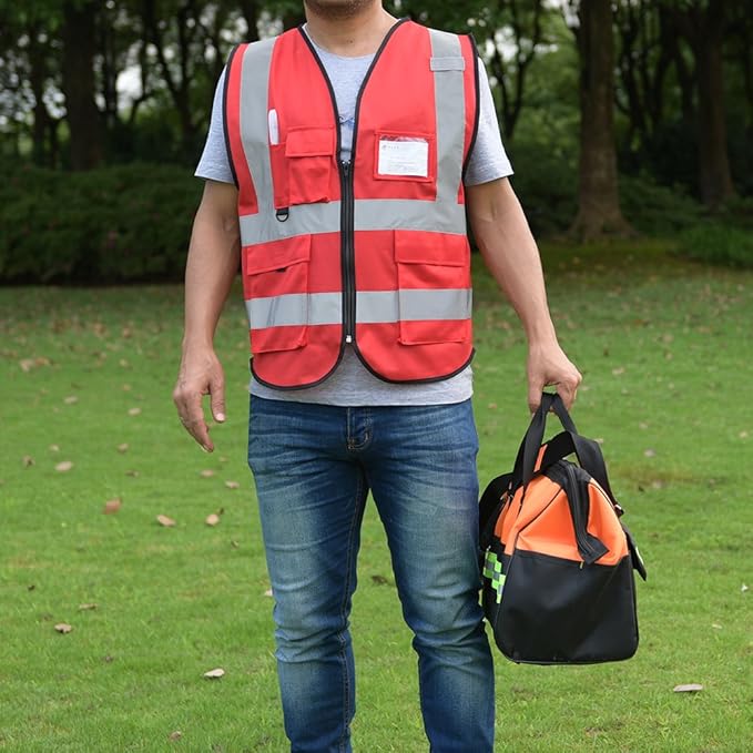 zojo High Visibility Safety Vests With Pockets, for Outdoor Works, Cycling, Jogging, Walking,Sports - Fits for Men and Women Pack of 10 (XXL-Red)