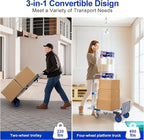 Upgraded 3 in 1 Aluminum Folding Hand Truck, 600lbs Capacity, Heavy Duty Convertible Dolly with Retractable Handle and 4 Rubber Wheels, Collapsible Cart for Moving Home, Office, Warehouse (Blue)