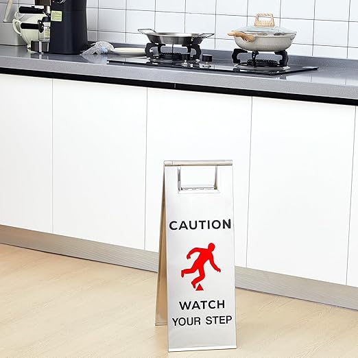Tandefio 2 Pcs Stainless Steel Wet Floor Sign 24 Inch Caution Watch Your Step Signs Double Sided Foldable Commercial Safety Warning Industrial Warning Signs for Office Hotel Market Restroom Restaurant