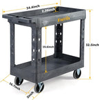 ELAFROS Heavy Duty Plastic Utility Cart 34 x 17 Inch - Work Cart Tub Storage W/Deep Shelves and 2 Fixed 2 Swivel Wheels Safely Holds up to 550 lbs - 2 Tier Service Cart for Warehouse,Garage, Gray