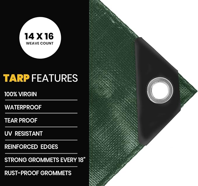 PROTARP Extra Heavy Duty 16 Mil Tarp Cover, Waterproof, UV Resistant, Rip and Tear Proof, Poly Tarpaulin with Reinforced Edges for Roof, Camping, Patio, Pool, Boat. (Green/Black 30′ X 50′)