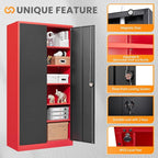 Metal Garage Storage Cabinets with Lock, 72" Tall Tool Cabinet with 2 Door and 5 Adjustable Shelves, Locking Garage Cabinets and Lockable Steel Locker for Home Office Warehouse-(Red Black-72”H)