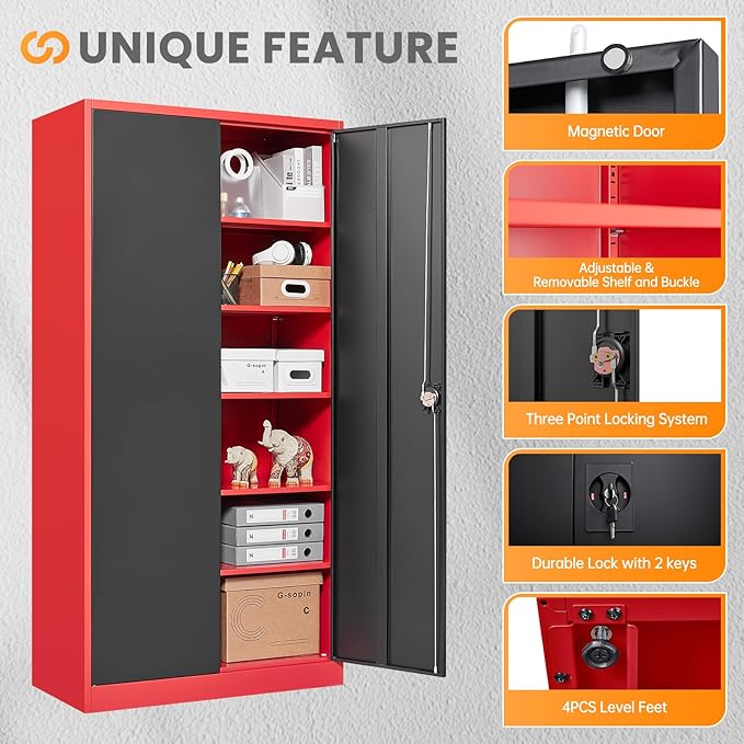 Metal Garage Storage Cabinets with Lock, 72" Tall Tool Cabinet with 2 Door and 5 Adjustable Shelves, Locking Garage Cabinets and Lockable Steel Locker for Home Office Warehouse-(Red Black-72”H)