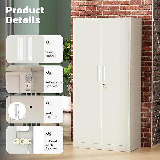 Greenvelly Metal Garage Storage Cabinet with 2 Doors and 4 Adjustable Shelves, 72”H Steel Lockable Storage Cabinet,Tall Metal Cabinet Locking File Cabinet for Office,Home, Garage, Gym, School