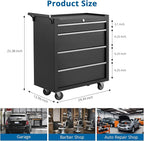 Heavy-Duty 4-Drawer Rolling Tool Chest with Locking System, Portable Tool Storage Cabinet with Wheels & Drawer Liners, Steel Tool Organizer Cart for Garage Workshop Tools, Black Finish