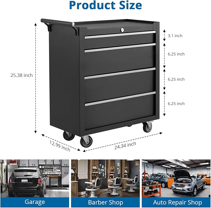 Heavy-Duty 4-Drawer Rolling Tool Chest with Locking System, Portable Tool Storage Cabinet with Wheels & Drawer Liners, Steel Tool Organizer Cart for Garage Workshop Tools, Black Finish