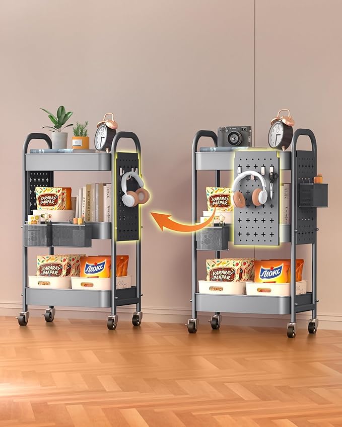 ALVOROG 3 Tier Rolling Cart with DIY Pegboards Metal Utility Cart with Wheels Handles Baskets Hooks, Storage Cart for Office Kitchen Bathroom(Gray)