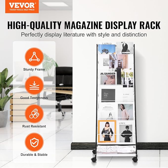 VEVOR Brochure Display Rack, 6-Tier Magazine Literature Display Stand, Floor Standing Magazine Rack Newspaper Catalog Holders, Movable with 4 Wheels (2 Lockable) for Shop Exhibitions Office, 6 Pockets